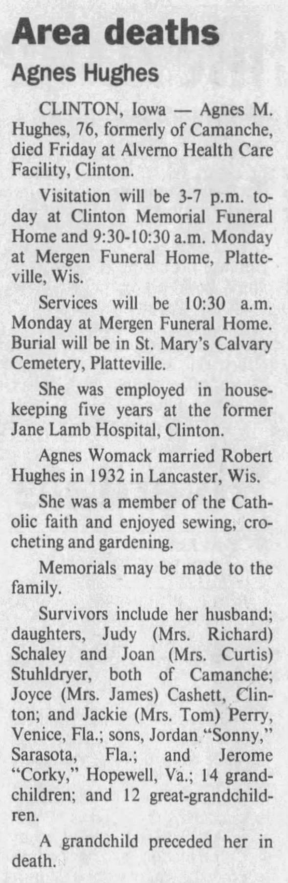Obituary for Agnes M. Hughes (Aged 76)